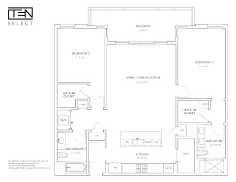 Floor plan for 2 beds, 2 baths, 1304 sqft
